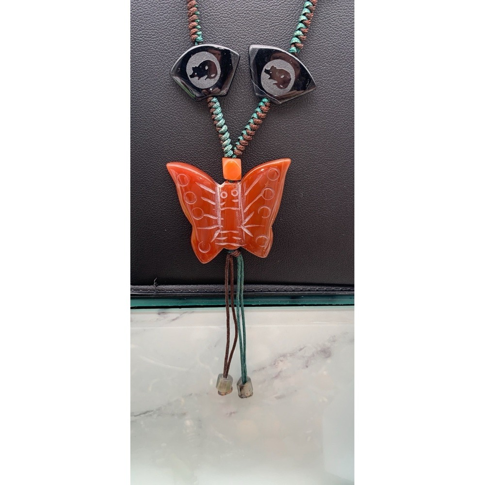 Carnelian Agate Carved Butterfly Pendant Corded Adjustable Necklace Boho